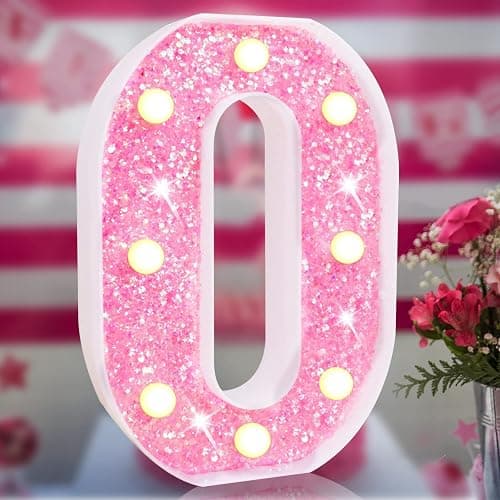 Light Up Letters, Glitter Alphabet Letter Sign Pink LED Marquee Letter Lights Battery Powered for Night Light Girls Bedroom Birthday Party Wedding Home Christmas Decorations Gift for Her-Pink O - Image 1