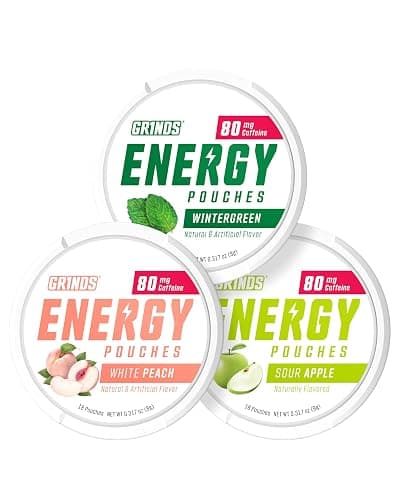 Grinds Energy Pouches - Natural Caffeine Pouches - Contains B-Vitamins, Sugar-Free, & 0 Calories - 80mg of Caffeine in Each Pouch - Wintergreen, Peach, & Sour Apple - 3 Pack, 15 Pouches Per Can - Image 1