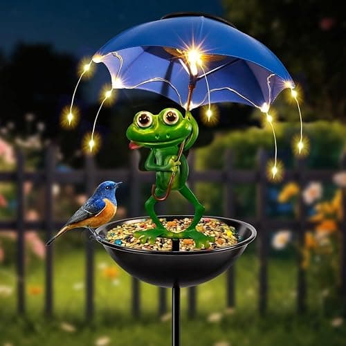 Solar Bird Feeder Frog Garden Decor, Outdoor Solar Lights Frog Figurine Lights with Umbrella, Hummingbird Feeder Decorative Path Lights Yard Art Ornament Bird Feeder (Frog) - Image 1