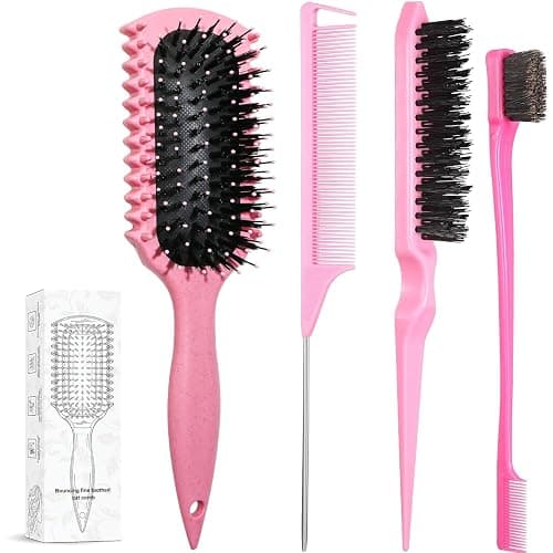Curl Defining Brush, Curly Hair Brush Products With 3 Pcs Slick Back Hair Brush Set Bristle Brush Edge Control Teasing Comb for women (Pink) - Image 1