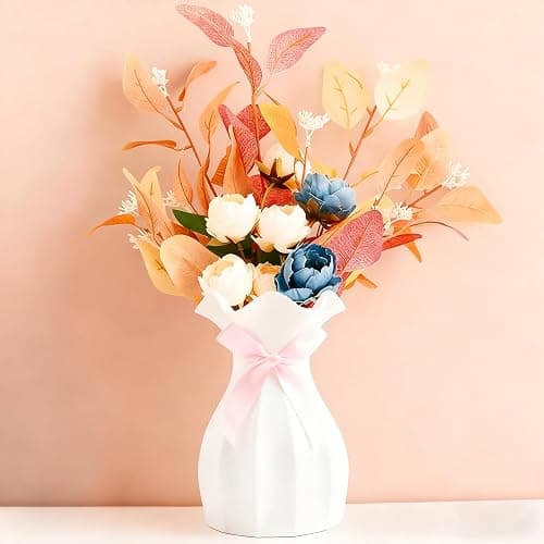 Seinyllu Small Plastic Flower Vase, Ceramic-Look Decorative Vase for Dried & Artificial Flowers, Cute Unbreakable Vase for Home Living Room Dining Wedding Decor(White) - Image 1