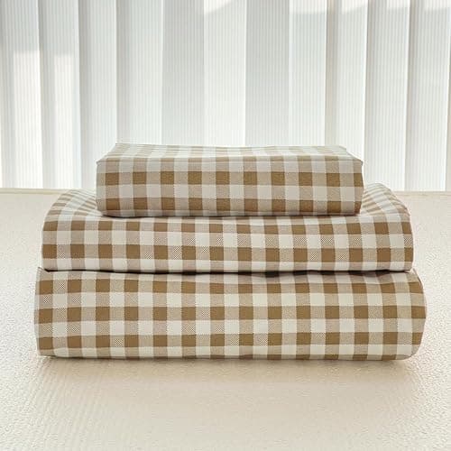 NSNLGSGC Tan Gingham Queen Sheet Set, Soft Brushed Microfiber Taupe Plaid Queen Bed Sheets, 4-Pieces Brown Grid Sheet Set with Deep Pocket - Image 1