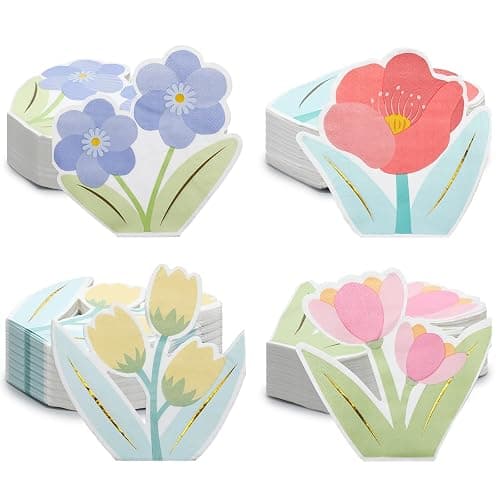 Qilery 100 Pcs Flower Shaped Napkins Disposable Floral Paper Napkins 4 Style Floral Shaped Cocktail Towel Tulip Lunch Dinner Towel for Tableware Wedding Bridal Baby Shower Tea Birthday Party(Cute) - Image 1