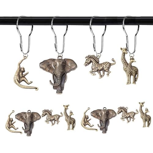 YRMLYMOP Jungle Shower Curtain Hooks,12 Pcs Animal Shower Curtain Hooks, Rainforest Elephant Zebra Monkey Giraffe Tropical Safari Bathroom Curtain House Bathroom Decor Accessorie, Stainless Steel Ring - Image 1