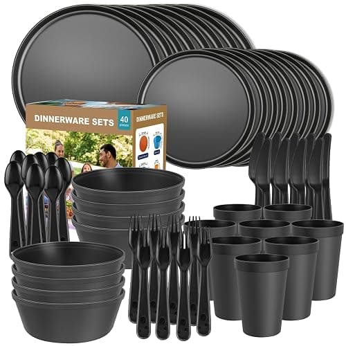 40 Piece Plastic Dinnerware Set for 8 with Cutlery, Unbreakable Plates and Bowls Set, Dishwasher & Microwave Safe Reusable Dish Set for Camping, RV, Outdoor Kitchen, Apartment Dining, Black - Image 1