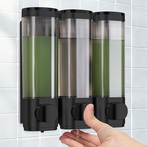 Seifenspender Wandbefestigung, Shampoo Duschgel Spender, 3er Set Seifenspender Ohne Bohren, Gleichmäßige Flüssigkeitsabgabe, AuslaufsicherGeeignet für Shampoo,Duschgel,Flüssigseife,Spülung. (Black) - Image 1