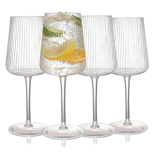 WeirdUncle Hand Blown Ribbed Wine Glasses with stem, Clear, Lead-Free Crystal Glasses, Luxury Gift, Set of 4, Unique, 18oz Premium Wine Goblet, Large capacity, Fluted Design - Image 1