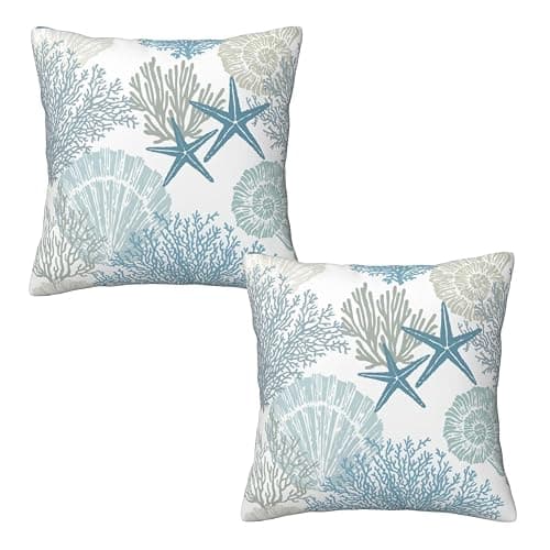 Tebjh Nautical Coastal Beach Pillow Covers 18x18 Set of 2, Ocean Themed Seashell Coral Starfish Throw Pillow Covers Outdoor Decorative Pillow Case for Couch Bed Sofa Cushion Home Decor - Image 1