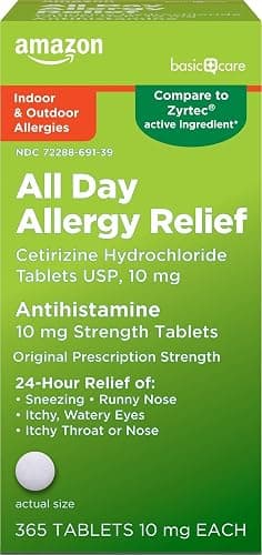 Amazon Basic Care All Day Allergy, Cetirizine Hydrochloride Tablets, 10 mg, 24-Hour Relief for Sneezing, Runny Nose, Itchy Eyes & Throat, Indoor & Outdoor Allergy Relief, 365 Count - Image 1