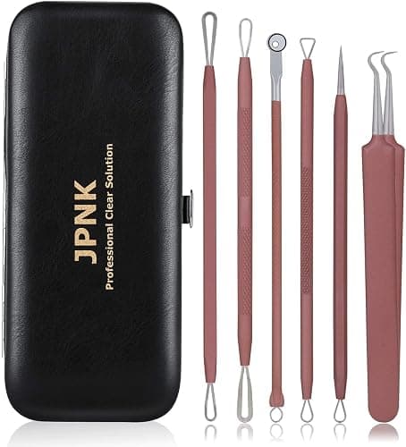 JPNK Blackhead Remover Tool Comedones Extractor Acne Removal Kit for Blemish, Whitehead Popping, 6 Pcs Zit Removing for Nose Face Tools with a Leather Bag (Pink) - Image 1