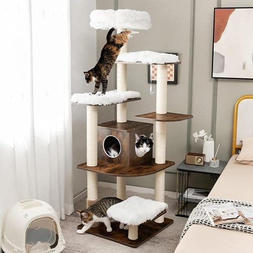 Tangkula Tall Cat Tree, 71-Inch Cat Tower with Multi-Layer Platform, Modern Wood Cat Tree with Sisal Scratching Posts, Self Groomer, Cat Condo, Washable Cushions for Large Cats 20 lbs Heavy Duty - Image 1