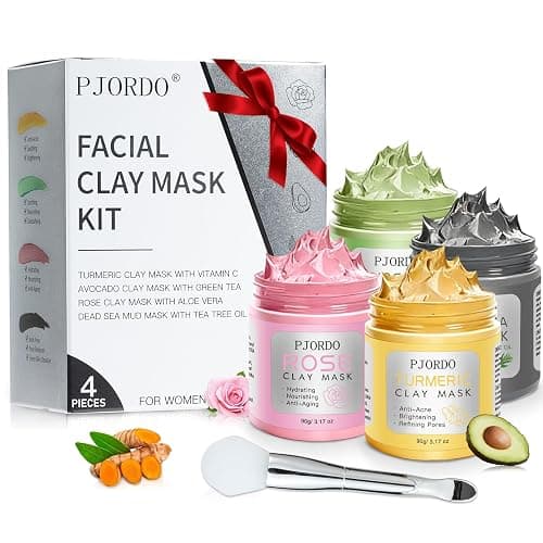 Pjordo 4 Pcs Clay Mask for Face(360g in Total), Turmeric Vitamin C, Dead Sea Mud, Green Tea Avocado, Rose, Face Masks Skincare for Pore Cleansing, Facial Masks for Women Skin Care, 3.17 Oz Each - Image 1