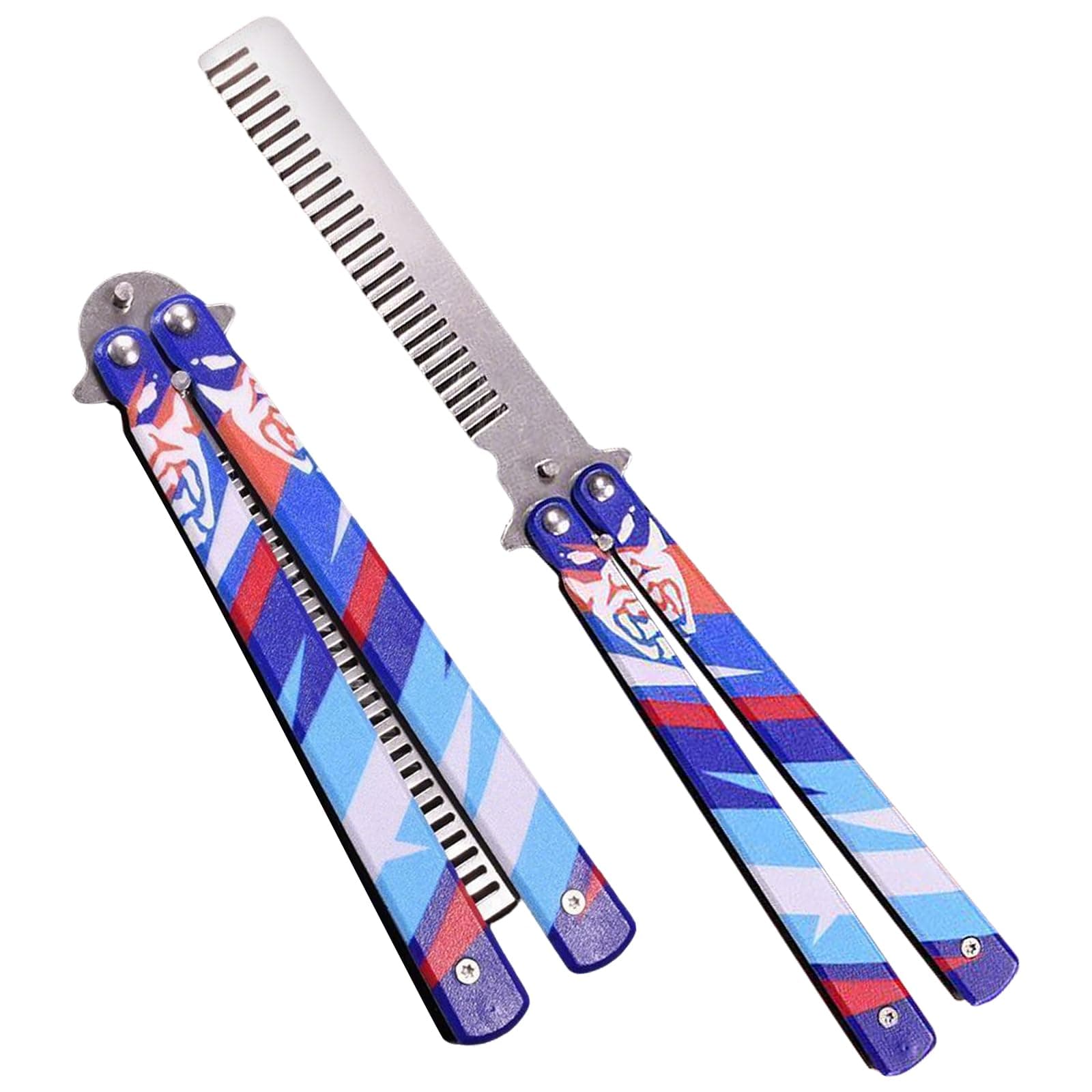 Butterfly Comb, Stainless Steel Folding Practice Combs, 3D Color Printing Tactical Butterfly-Open Pattern Trainer for Sport Outdoor Use (Blue) - Image 1