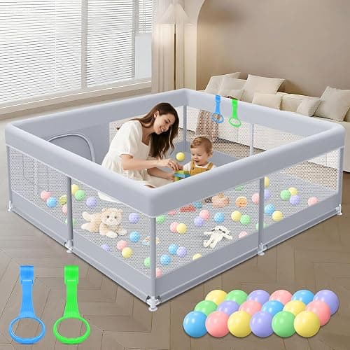 XVISHX Baby Playpen 50 x 50 Inch Play Pen Playards, Playpen for Babies and Toddlers, Baby Playard for Indoor & Outdoor Active Center Game Fence, with Skin-Friendly Fabric and Soft Breathable Mesh Grey - Image 1