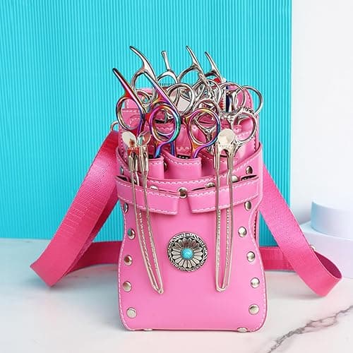 Barber Bag, crossbody and waist dual purpose Scissor Holder Hairdressing Tools Storage Holster Shear PU Leather Pouch with Removable for Hairstylists Groomer Makeup Artists Comb - Pink - Image 1