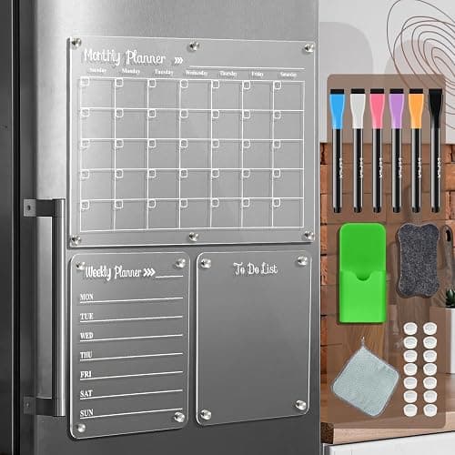 LCPCX Acrylic Magnetic Dry Erase Board for Fridge,Set of 3 Transparent Planning Boards for Monthly Calendar, Weekly Includes 6 Dry Erase Markers, 1 Eraser and Magnetic Pen Holder - Image 1