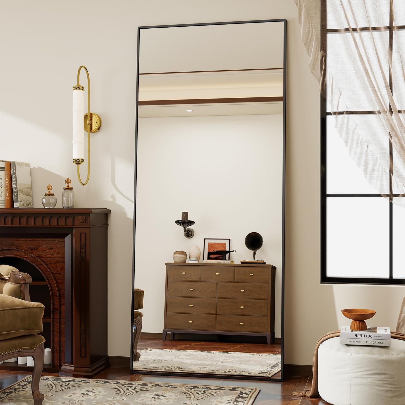 Koonmi 171 x 76 cm Standing Mirror, Robust Full Body Mirror with Minimalist Narrow Aluminium Frame, Modern Large Wall Mirror, Standing or Hanging for Living Room and Bedroom, Black - Image 1