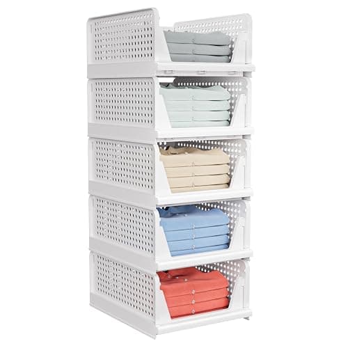5 Pack Stackable Closet Storage Basket - Stackable Storage Bins, Multifunctional & Foldable Closet Organizer Waterproof, Wardrobe Cupboard Space-Saving Hat Storage Drawer Organizer, White - Image 1