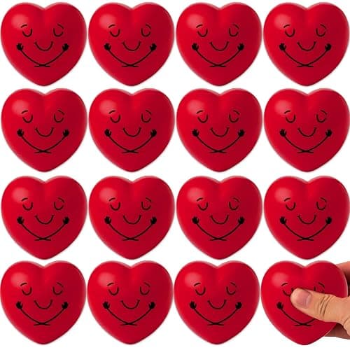 Heart Shape Stress Balls 16 Pcs Pack | 3” Inch Red Heart Shape Smile Balls | Squeeze Foam Heart Balls with Hug | Soft Heart Balls for Valentines Classroom Gifts | Valentines Party Favors | BASHOUT - Image 1