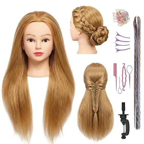 100% Real Hair Mannequin Head Training Head Manikin Cosmetology Doll Head for Hairdresser Practice Braiding Hair Styling with Clamp stand (26-28inch) - Image 1