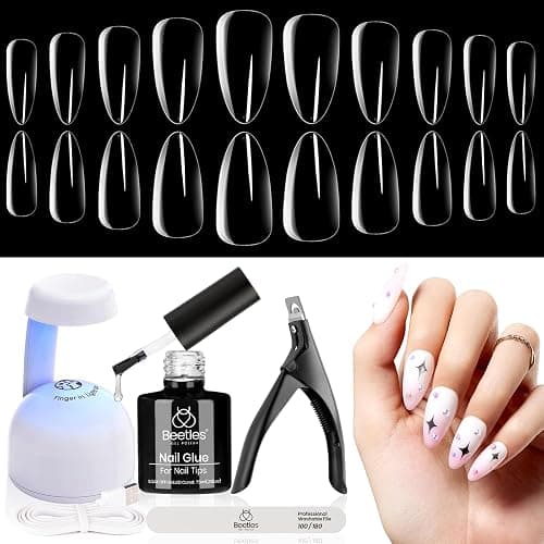 Beetles Gel Nail Kit Almond Nail Tips Easy Nail Extension Set 5 In 1 Nail Glue Gel with 240Pcs Pre shaped Medium Almond Nail Tips & UV Nail Lamp Acrylic Nail Clipper DIY Art Gifts for Her - Image 1