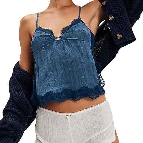 Women's Y2K Lace Trim Vest Tank Tops Front Tie Button Front Going Out Crop Top Cute Summer Mesh Cami Shirt Blouse - Image 1