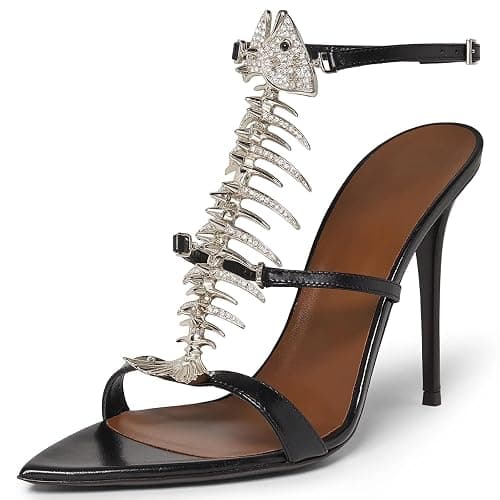 WJZDSJCO Strappy Heels for Women Stiletto High Heeled Sandals Fishbone Rhinestone Pointed Open Toe Sexy Dress Party Wedding Gladiator Heels - Image 1