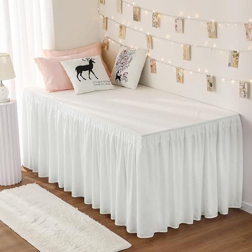 RIMELA Dorm Bed Skirt Twin XL 32 Inch Drop, Easy to Install Extra Long Wrap Around Elastic Dust Ruffle, Warm White Bedskirt Solid Silky Fabric Machine Washable (Twin XL 80“L x 39”W & Twin 75“L x 39”W) - Warm White - Twin-32" Drop - Image 1