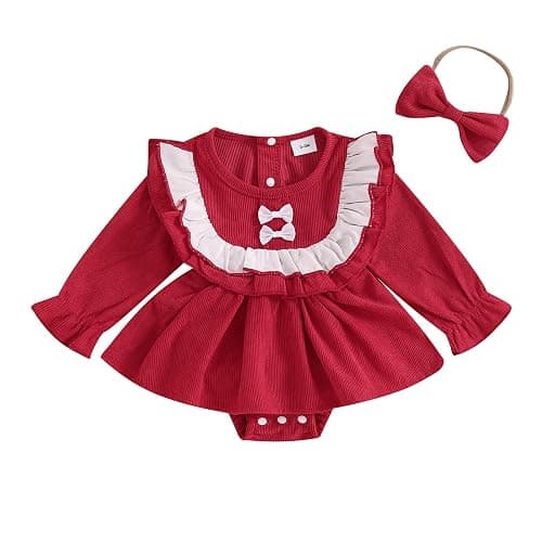 Madjtlqy Newborn Baby Girl Clothes Romper Dress Ruffles Long Sleeve Fall Winter Outfit with Headband - Image 1