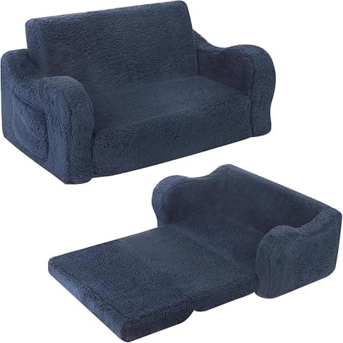 MOMCAYWEX Kids Extra Wide Chairs for Toddler, 2-in-1 Toddler Soft Sherpa Couch Fold Out, Convertible Sofa to Lounger for Girls and Boys, Dark Blue - Image 1