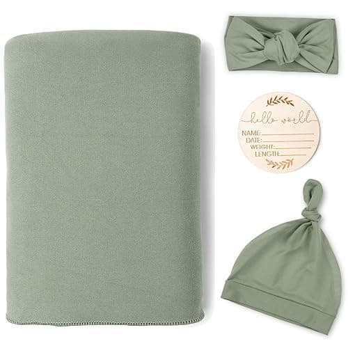 TANOFAR 4-Pack Newborn Swaddle Blanket for Baby Girls & Boys, Ultra Soft Receiving Blankets with Matching Headband and Beanie Set Baby Nursery Swaddle Wrap (Green) - Image 1