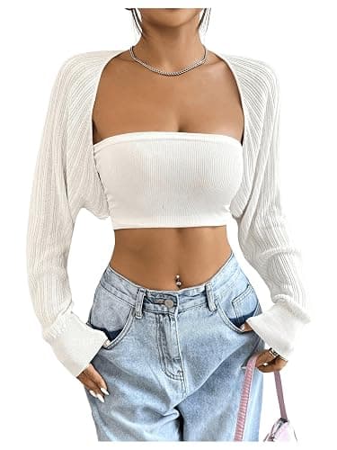 RoseSeek Women's Long Sleeve Open Front Crop Cardigan Drop Shoulder Bolero Shrug Lightweight Sweater - Small - White - Image 1