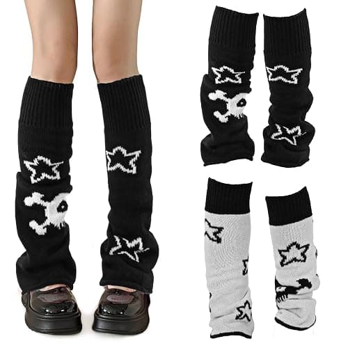Nogeqi Star Black Leg Warmers for Girls,Skelanimals Leg Warmers Y2k,Gothic Skull Print Legwarmers,Wear Both Sides Kawaii Legs Warmer Fluffy,Gothic Accessory for Women and Girl (Double-Sided) - Image 1