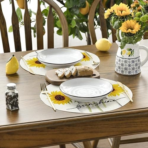 Artoid Mode Buffalo Plaid Sunflower Sunshine Vase Round Summer Placemats Set of 4, 14 Inch Spring Fall Table Mats for Dining Decoration - Image 1