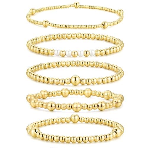 M MOOHAM Gold Beaded Bracelet Set for Women, Pearl Cross Stackable Jewelry | 14K Gold Plated Beaded Bracelets Set, Adjustable Stretch, Non Tarnish bracelet, Trendy Stackable Jewelry Gifts - Image 1