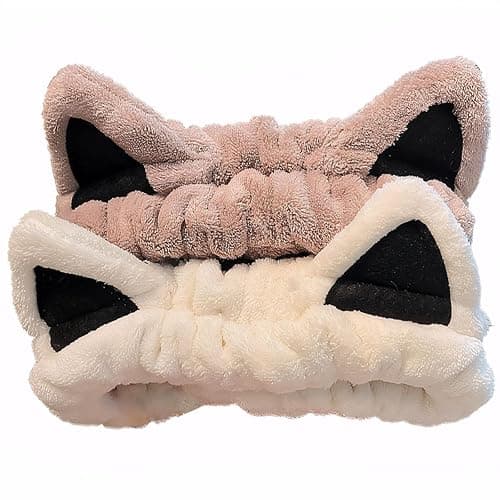 2 Pcs Cat Ears Headband, Cute Spa Headbands for Washing Face Skincare Makeup Headbands for Women Girls Trendy Stuff Present Soft Coral Fleece Hair Accessories(Beige Khaki) - Image 1