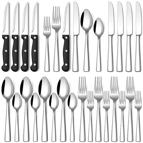 Stapava 24-Piece Silverware Set with Steak Knives, Food-Grade Stainless Steel Flatware Set for 4 Mirror Polished Cutlery Utensil Sets Include Forks Spoons and Knives Set Dishwasher Safe - Image 1