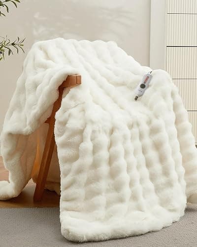 GarveeHome Heated Blanket Throw, 50"x60" Faux Fur Heated Throw with 4 Heat Settings, Soft Bubble Electric Blanket with 4 Hours Auto-Off & Overheat Protection, for Gifts Home Couch or Bed, White - Image 1
