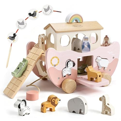 Joyreal Pink Wooden Noah's Ark Toy for 1 Year Old Baby Girl Baptism Gifts | Montessori Educational Toy, Animal Shape Sorter, Christian Toys for Toddler Boy 1-3 Years Old, Christmas Birthday Gift - Image 1