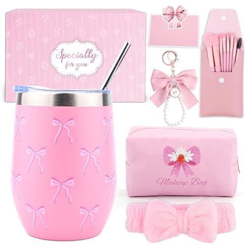 Gifts for Girls 7 8 9 10 11 12 13 14 15 Year Old, Birthday Gifts Presents for Teenage Girls Age 6-16, Insulated Tumbler with Lid and Straw, Makeup Brushes Cosmetic Bag Headband Keychain,Bow Coffee Cup - Image 1