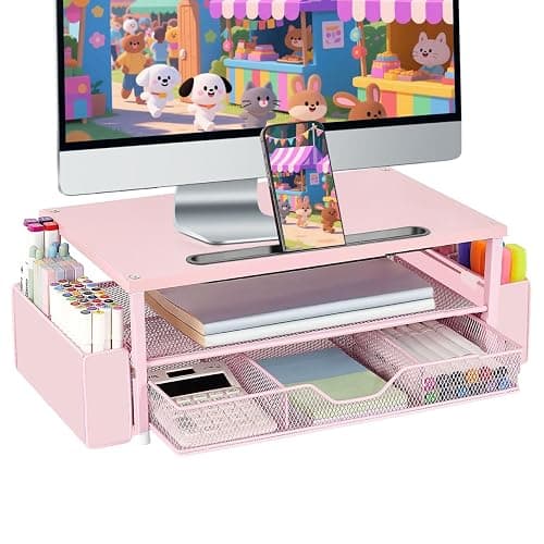 AUPSEN Pink Desk Organizers and Accessories, 2-Tier Wood Computer Monitor Stand with Drawer, Pen Storage & Phone Holder, Office Desk Accessories, Workspace Desktop Organization for Office Supplies - Image 1