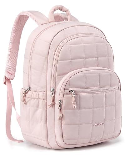 BAGSMART College Laptop Backpack, Travel Laptop Backpack for Women, Quilted Casual Daypack, Water-Resistant Bookbag for 15.6 Inch Laptop, Pink - Pink - Image 1