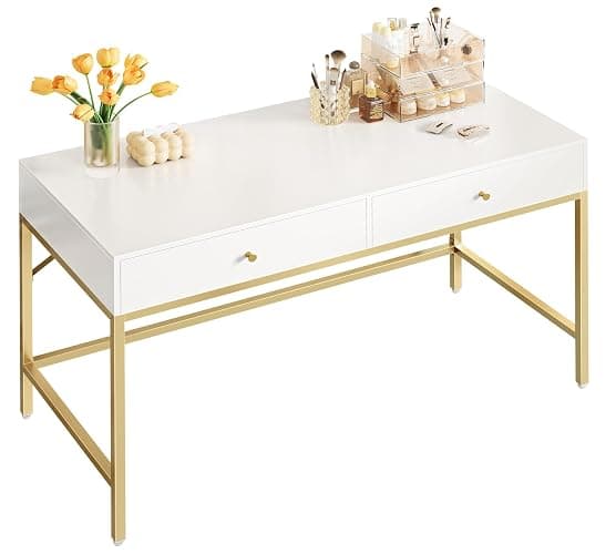SUPERJARE Vanity Desk with Drawers, 47 inch Computer Desk, Modern Simple Home Office Desks, Makeup Dressing Table for Bedroom - White and Gold - Image 1