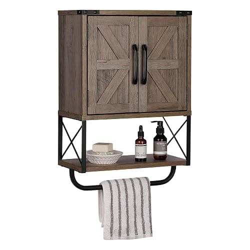 RUSTOWN Farmhouse Medicine Cabinet with 2 Barn Door, Bathroom Wall Cabinet | Rustic Wall Mounted Storage Cabinet with Adjustable Shelf & Towel Rack, 3-Tier Over the Toilet Storage Cabinets for Laundry - Image 1