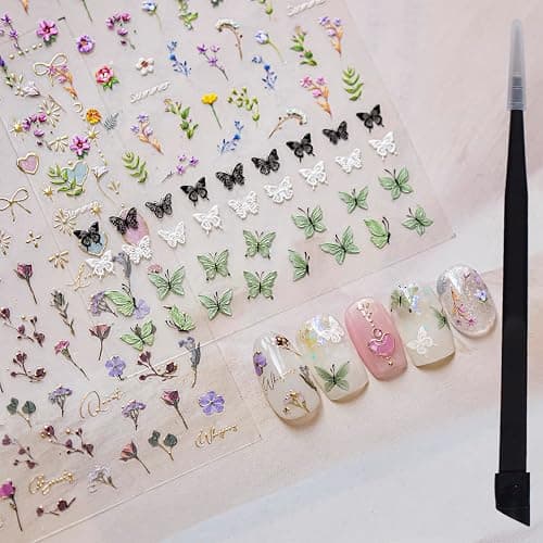 picksweet Flower Nail Stickers for Nail Art Decals Charms,5D Embossed Floral Butterfly and Heart Gem, Self-Adhesive 5 Styles Craft Nail Supplies 2 Sheets with Tweezers Kit for Women Decoration - Image 1
