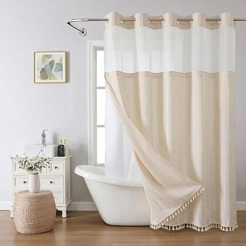 eachope Boho Farmhouse No Hook Shower Curtain Set with Snap-in Fabric Liner,Heavy-Duty Linen Textured Rustic Striped Design,Water-Repellent with Tassels and Sheer Window,Cream/Beige,71x74 - Image 1