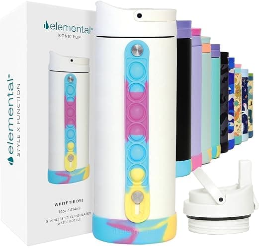 Elemental Iconic Kids Water Bottle for School - 100% Leak-Proof Insulated Water Bottles with Straw Lid & Pop-It Handle for Boys & Girls - Triple-Wall Insulated & BPA-Free, 14oz – White Tie Dye - Image 1
