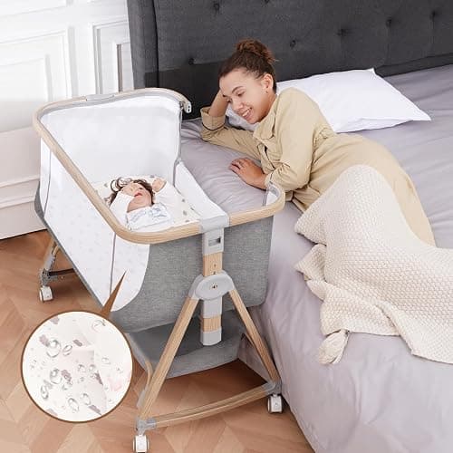 Baby Bassinet Bedside Sleeper - 3 in 1 Bassinets with Waterproof Sheets, Soft Mattress and Breathable Mesh, Adjustable Height Bedside Bassinet for Baby with Wheels, Storage Basket, Gray - Light Gray - Image 1