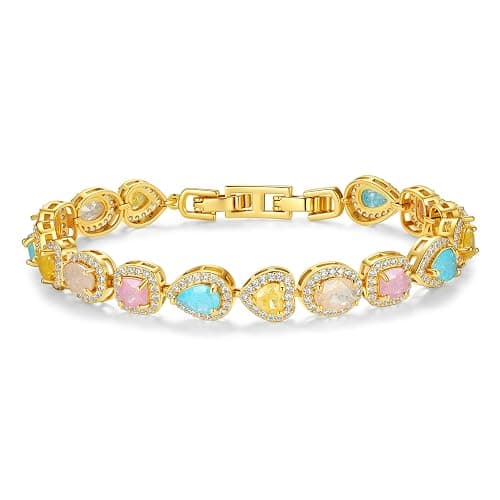 TLRCOXP 18K Gold Plated Tennis Bracelet for Women, Cubic Zirconia CZ Bangle | Heart, oval, square and pear-shaped colorful CZ stones, adjustable 7-7.5 in for Valentine's Day, weddings and bridal jewelry - Image 1