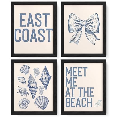 JXREQ Blue Coastal Beach Room Decor for Teen Girls College Dorm Bedroom, Preppy Coquette Coastal Granddaughter Beachy Room Nursery Wall Decor, Trendy Seashell Bow Posters Set of 4, 8x10 Unframed - Image 1